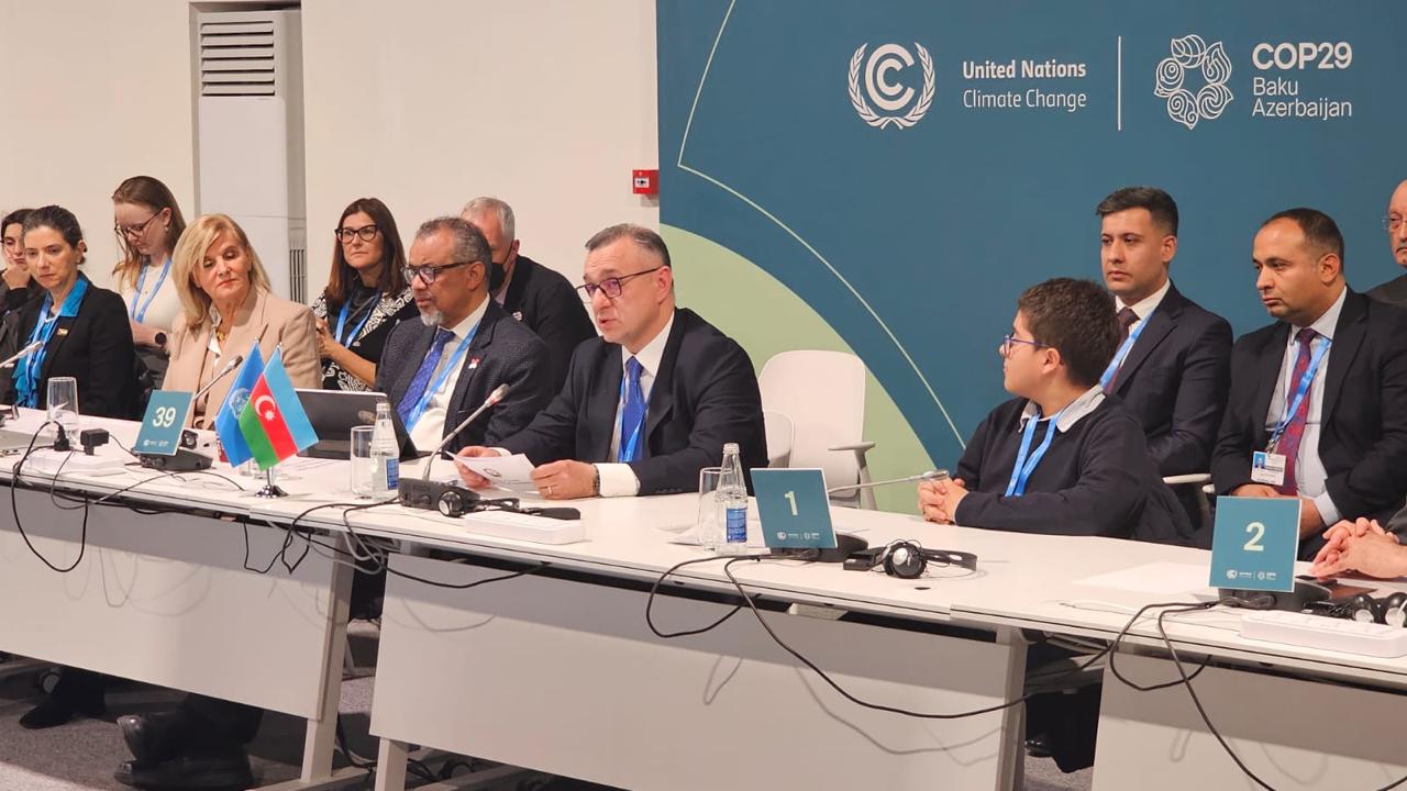 A group of officials seated at a conference table during COP29 in Baku, Azerbaijan, with flags and nameplates visible.