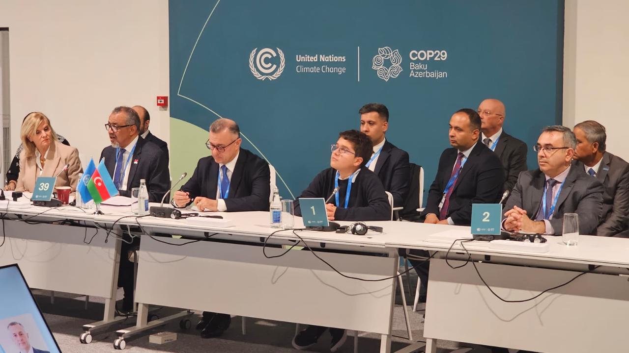 A group of officials seated at a conference table during COP29 in Baku, Azerbaijan, with flags and nameplates visible.