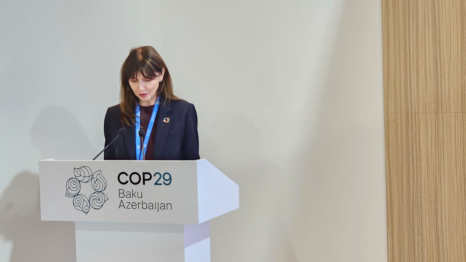 A woman speaks at a podium with the COP29 logo, set in a conference room.